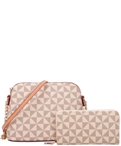 2in1 Smooth Checker Crossbody Bag with Matching Wallet Set 007-8232w TAUPE